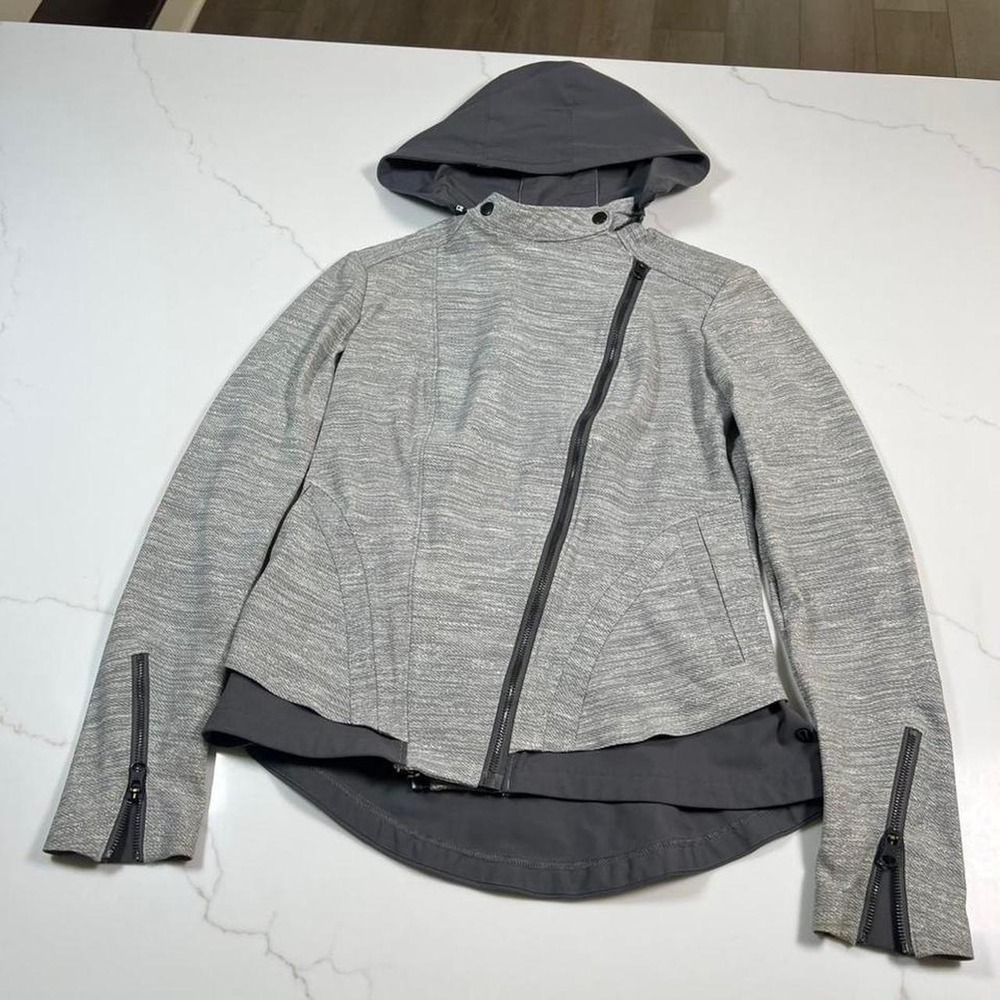 Lululemon Moto Jacket Womens Grey Space Dye Asymmetrical Zip Hooded Peplum
